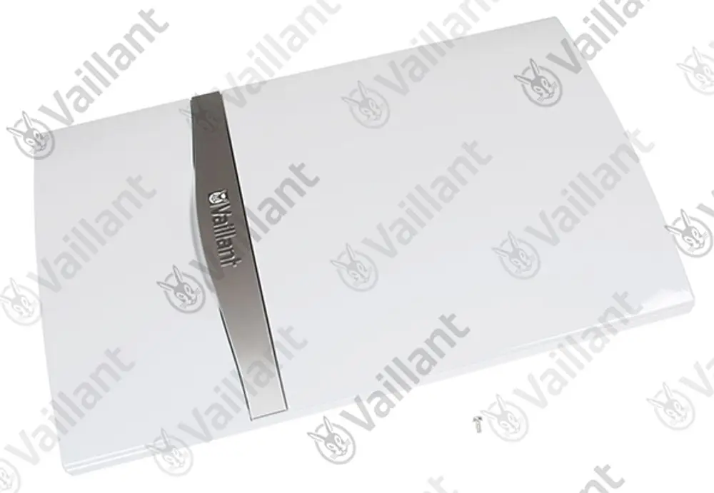 Weiße Verkleidung mit silbernem Vaillant-Logo, rechteckige Form, geeignet für den Einsatz in Heizungsanlagen, vor neutralem Hintergrund.